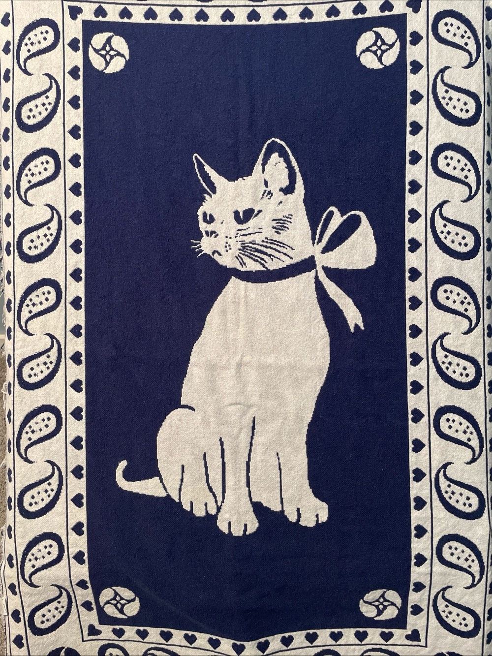 Navy & Cream Cat Print Pet Blanket - Soft Decorative Throw 65”x43” Made In Spain